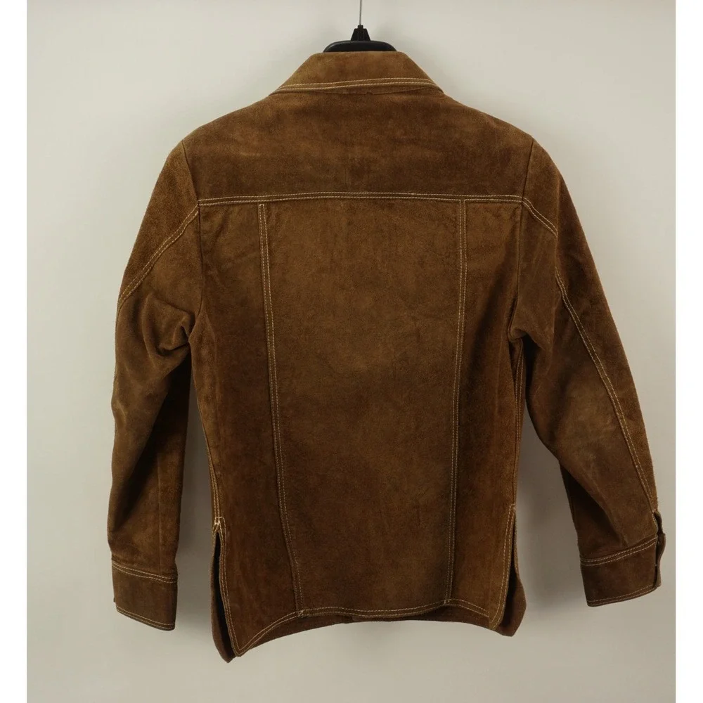 Vintage 1970s Tooled Whipstitch Suede Leather Trucker Jacket Men's 38 Tobacco‎